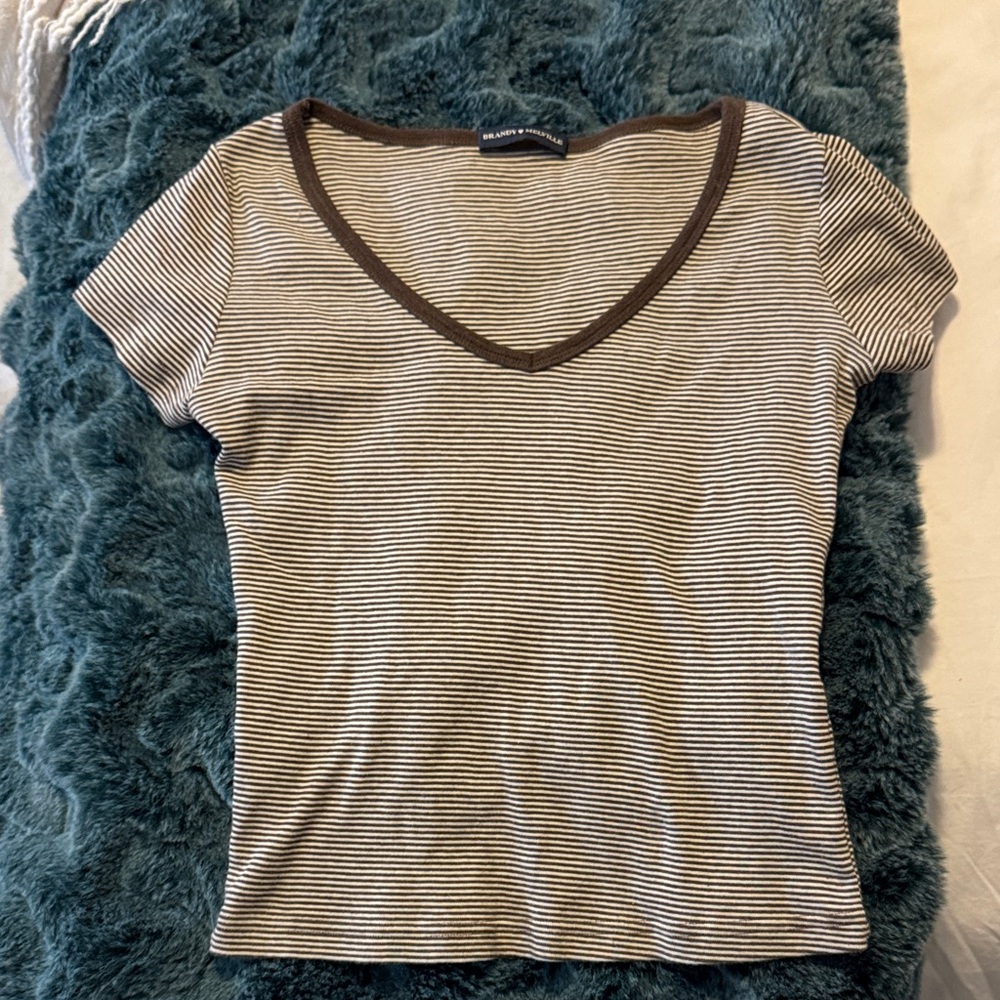 Brandy Melville Black and White Striped V-Neck Tee